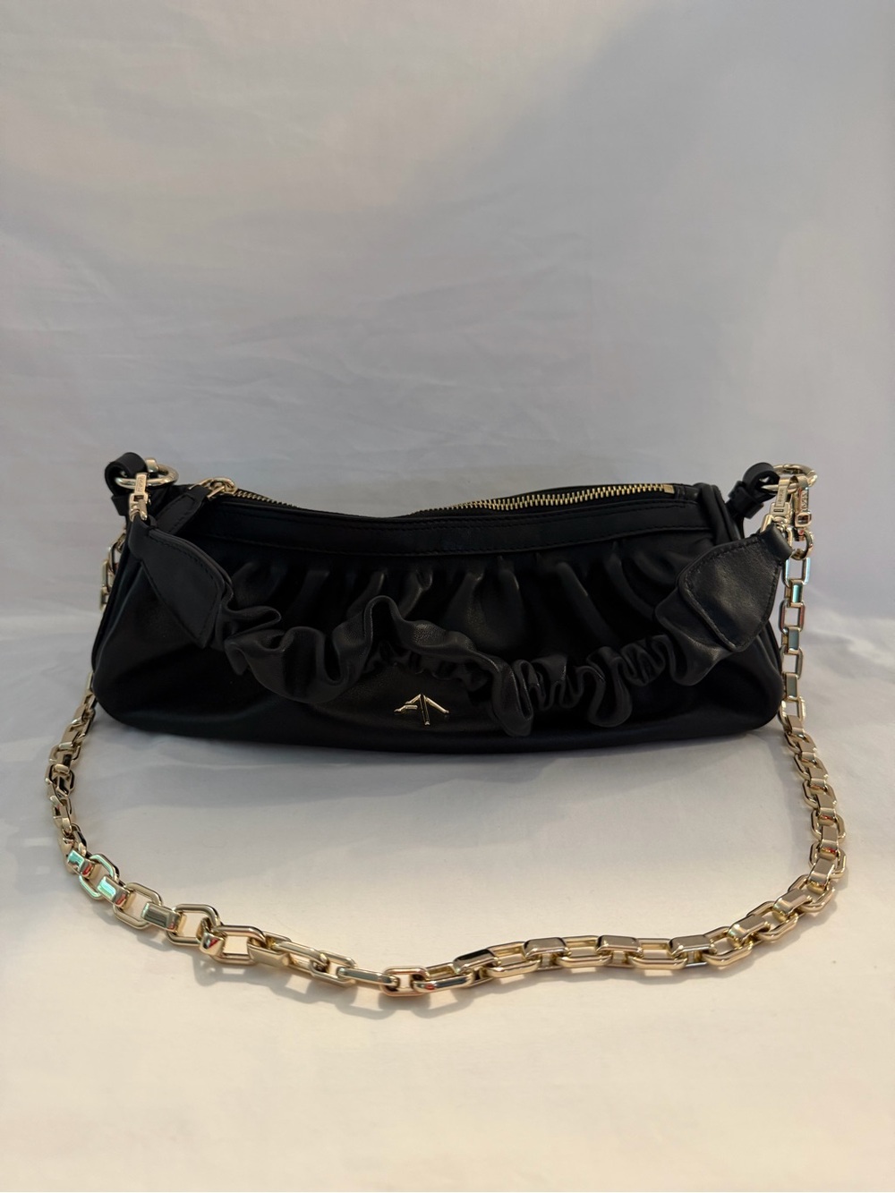 Manu Atelier Black Leather Ruched Cylinder Chain XX Bag